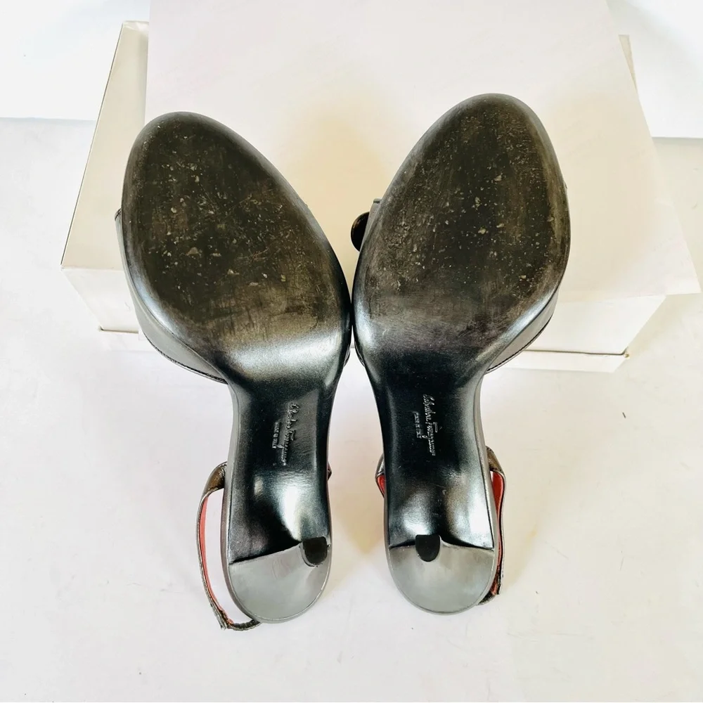 Ferragamo platinum metallic slingback sandals 8.5